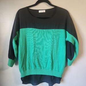 Calvin Klein Color Block‎ Pullover Sweater Green Black 3/4 Sleeve Knit Top